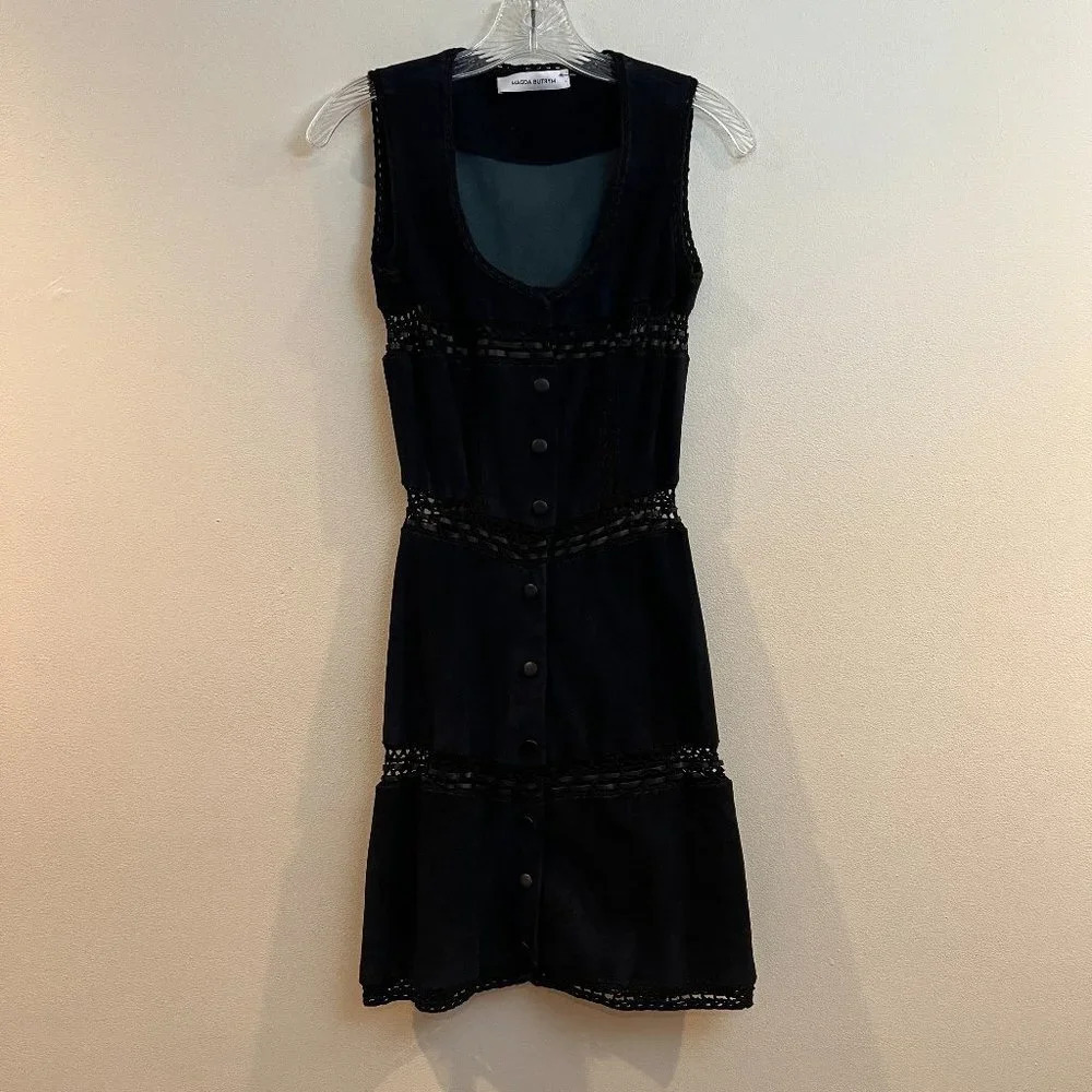 Magda Butrym Oakland Blue Suede Crochet Embroidered Lace Designer Mini Dress 34 - Picture 5 of 14